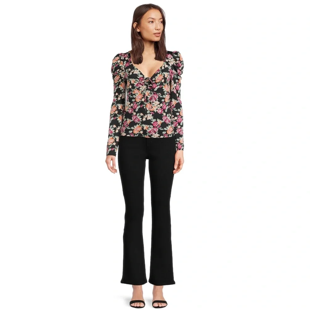 🌴Women’s Self Esteem V Neck Cinch Front Puffed Shoulder Long Sleeve Shirt - Picture 5 of 11